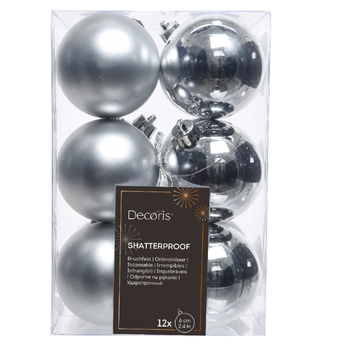 Silver Mix Shatterproof Christmas Bauble Ornament - 6cm Diameter (Shiny, Matte & Glitter)