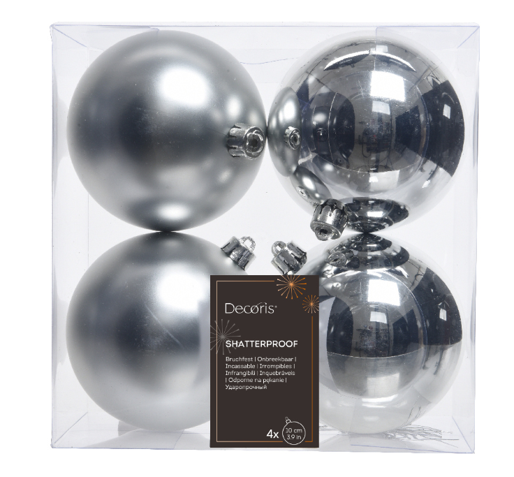 Silver Mix Shatterproof Christmas Bauble Ornament - 10cm Diameter (Shiny, Matte & Glitter)