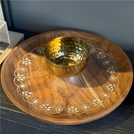 wood plate with gold bowl center