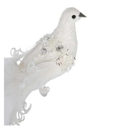Plastic white glitter bird w/clip