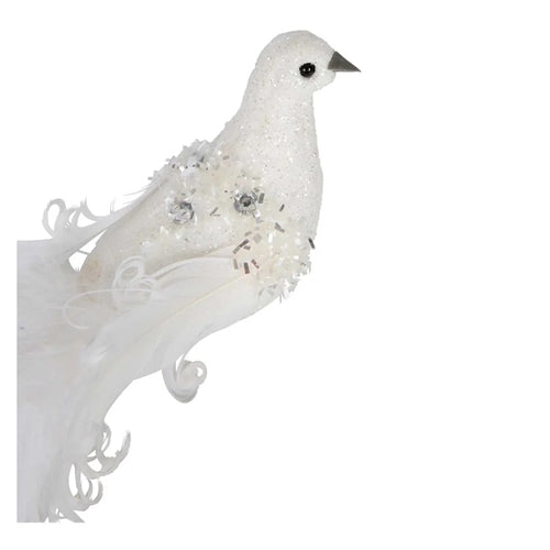 Plastic white glitter bird w/clip