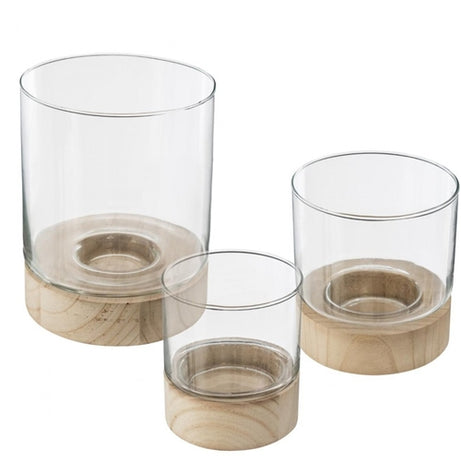 S/3 GLASS/WOOD CANDLE HOLDER