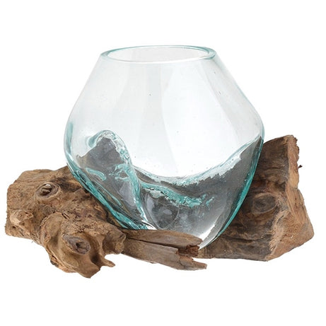 GLASS/WOODEN VASE BROWN/CLEAR