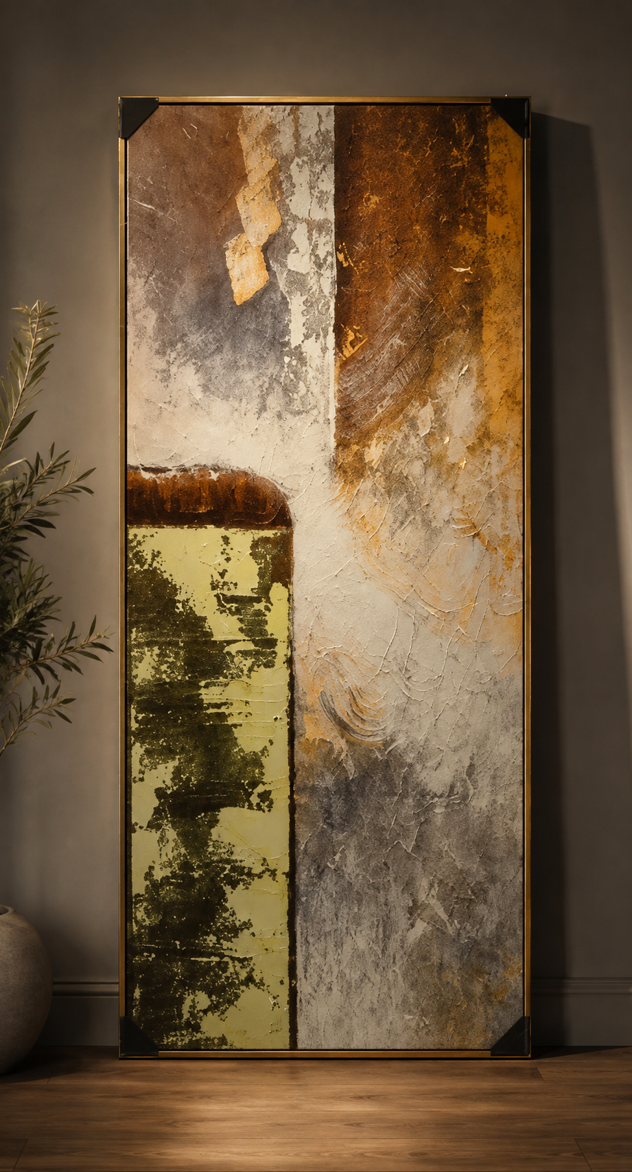 Green, Gold & silver abstract painting 140x70