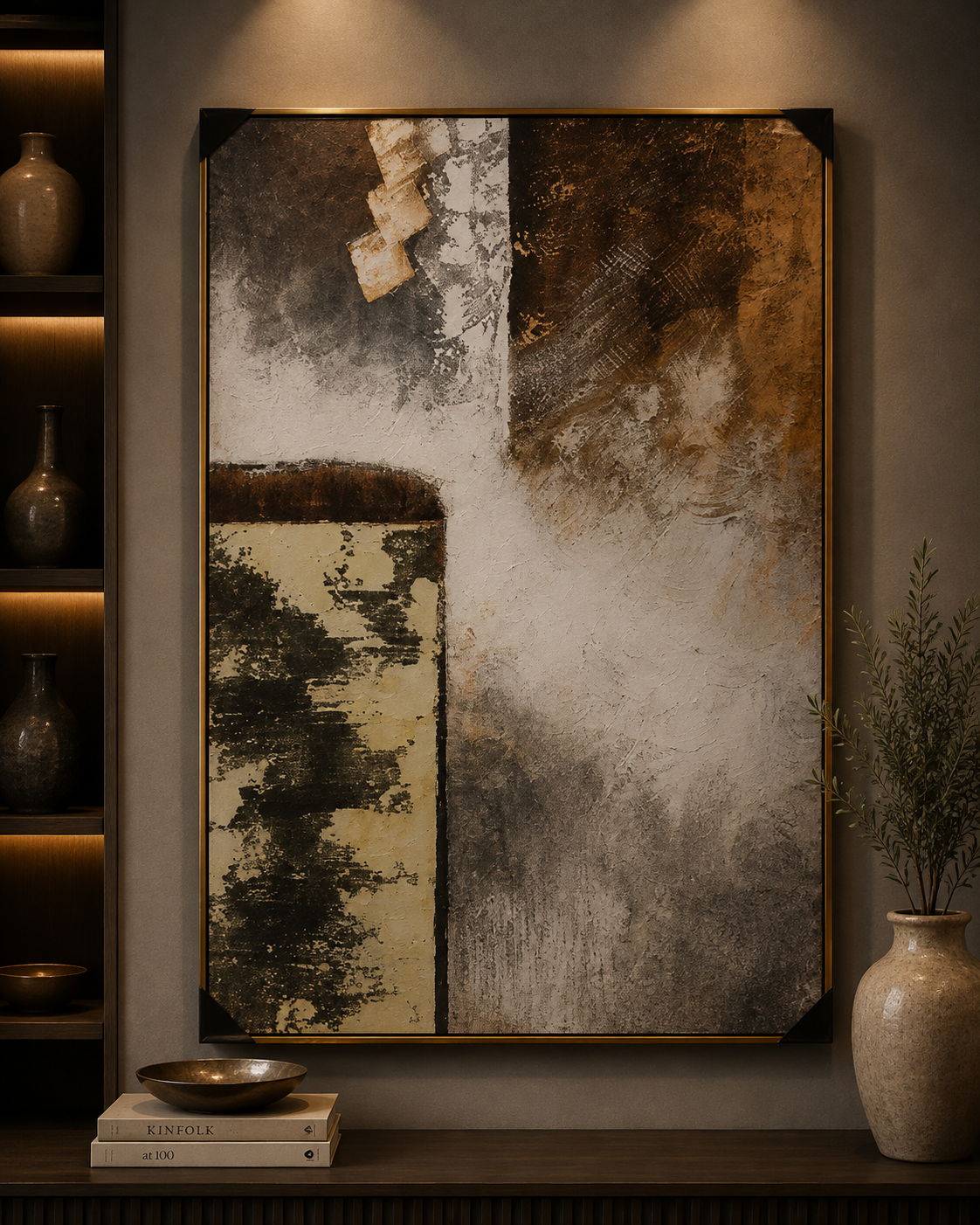 Green, Gold & silver abstract painting 70x100