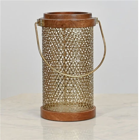 Round lanter wood with gold netting - set of two