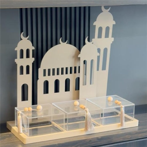 3 square plexi container with mosque - ivory